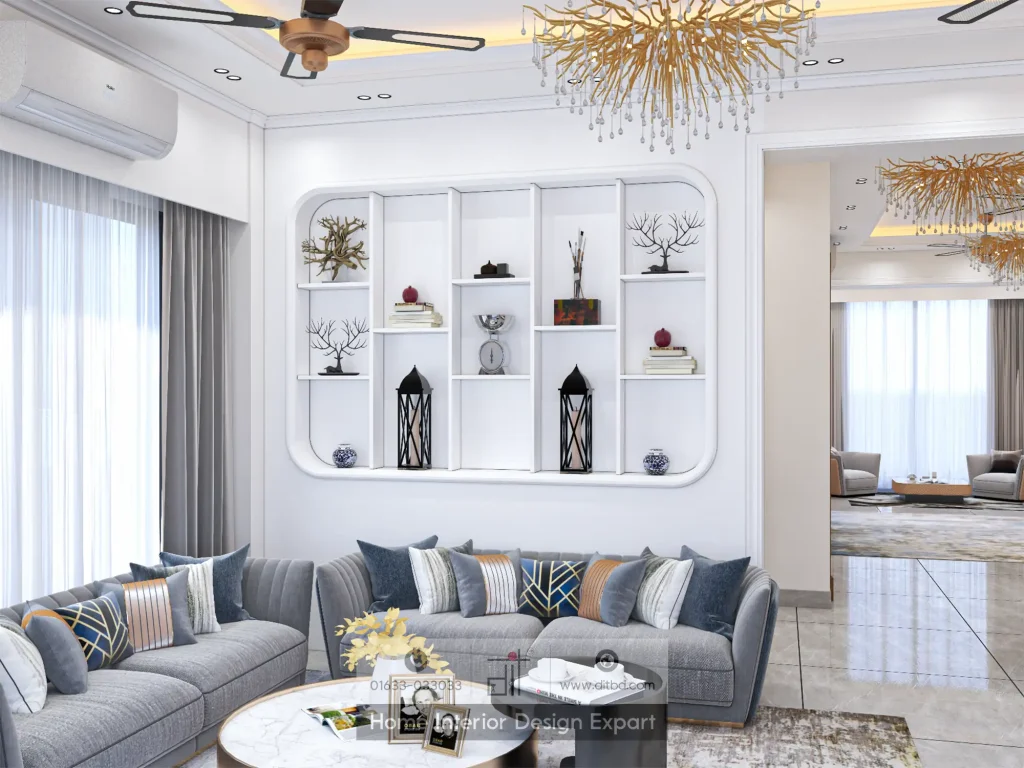 White curved display niche with bonsai and lanterns above grey sofa in Uttara Sector 5 by DIT Studio