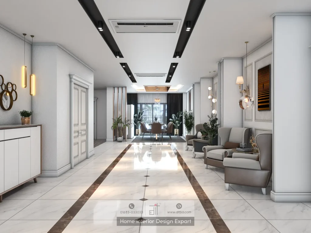 Corridor perspective towards dining area with marble floor, armchairs, and crystal chandelier in DIT Studio Gazipur project