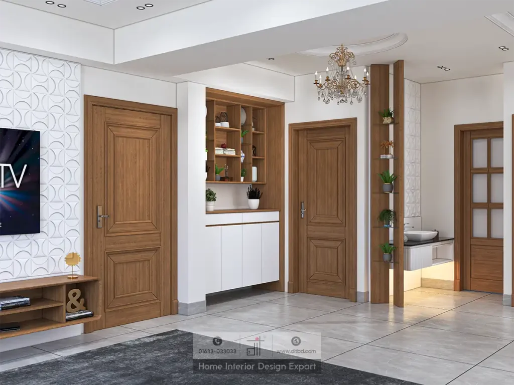 Corridor with walnut doors and built-in display niche in luxury Aftabnagar common space by DIT Studio