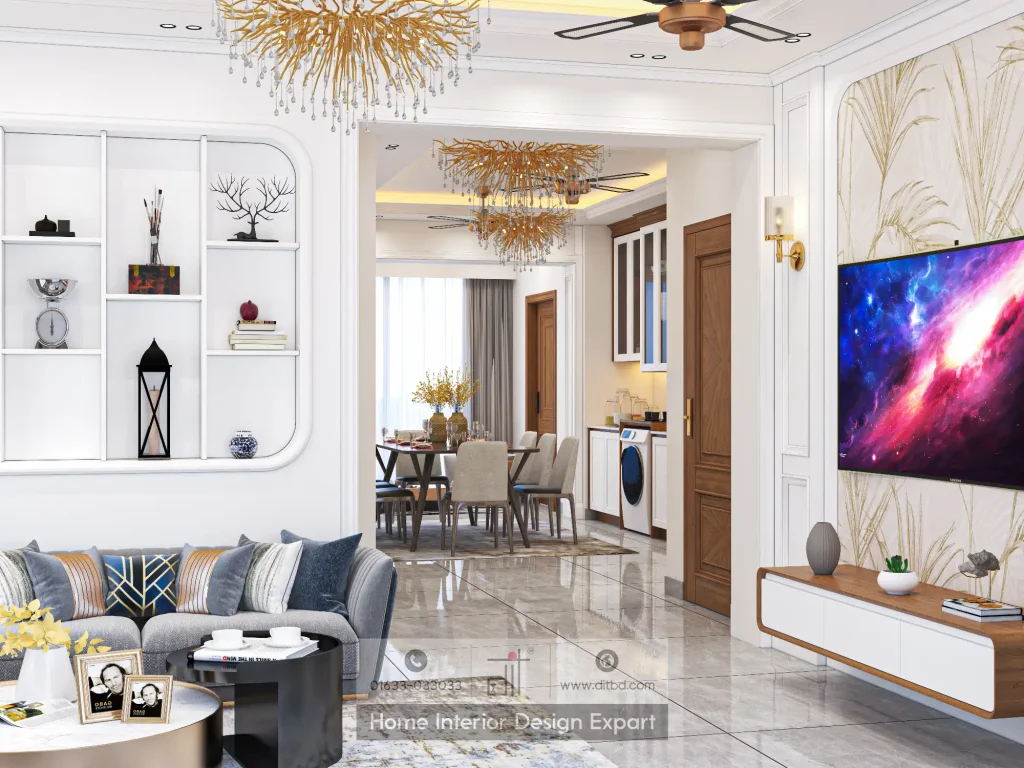 Panoramic living and dining view with botanical TV wall in Uttara Sector 5 apartment by DIT Studio
