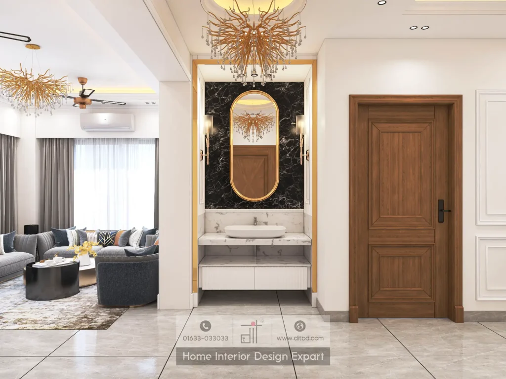 Foyer vanity with dark marble wall and gold-framed mirror in Uttara Sector 5 by DIT Studio