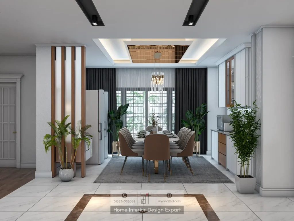 Dining zone full view with wooden partition, refrigerator nook, and eight-seater table by DIT Studio Gazipur