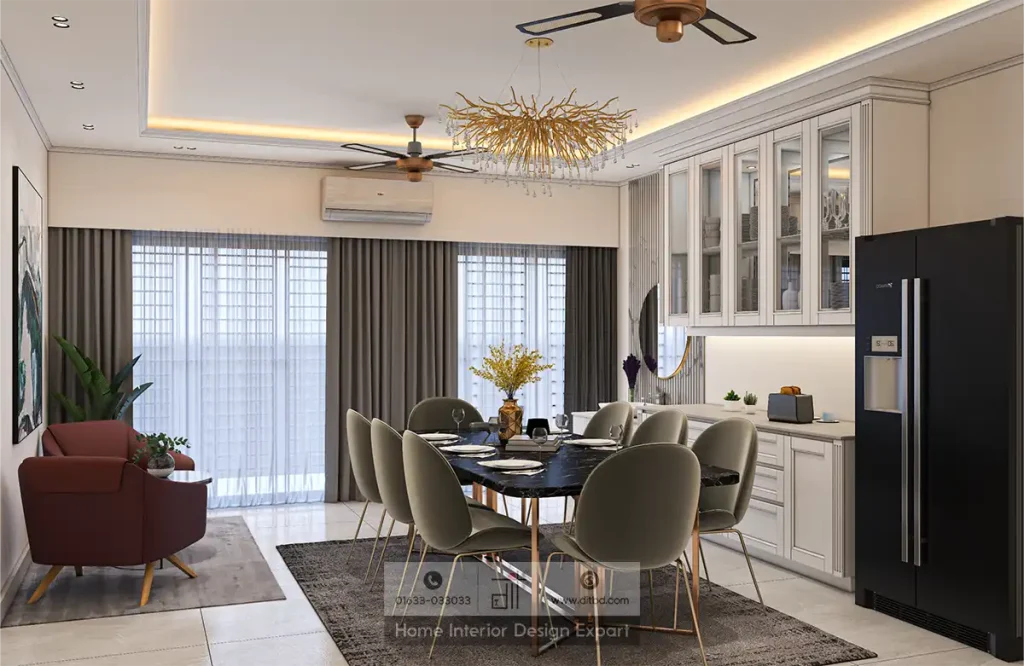 Luxury dining room with black marble table, sage-green chairs and gold branch chandelier in Dhanmondi-6A by DIT Studio