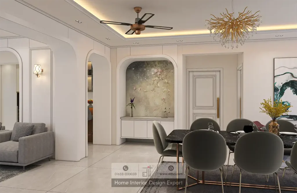 Arched niche feature wall with floral mural and open-plan living connection in Dhanmondi-6A dining space by DIT Studio