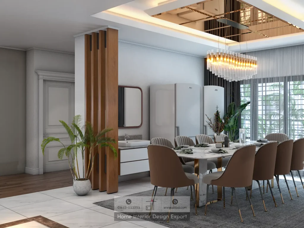 Eight-seater marble dining table with crystal chandelier and wooden partition in Maona Gazipur by DIT Studio