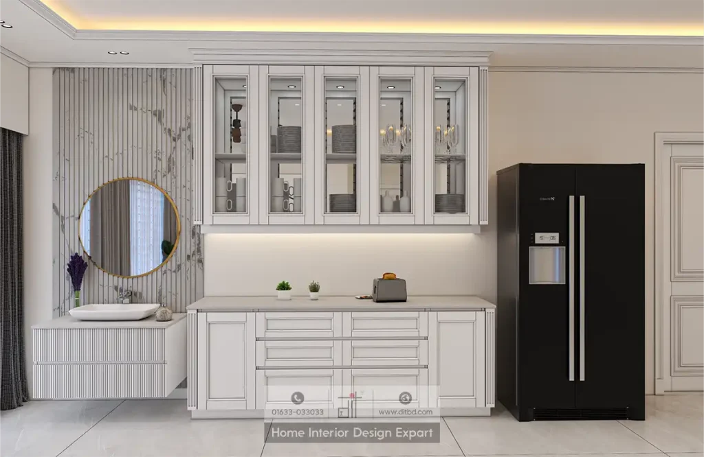 White panelled crockery display cabinet with gold-rimmed mirror and black refrigerator in Dhanmondi-6A dining by DIT Studio