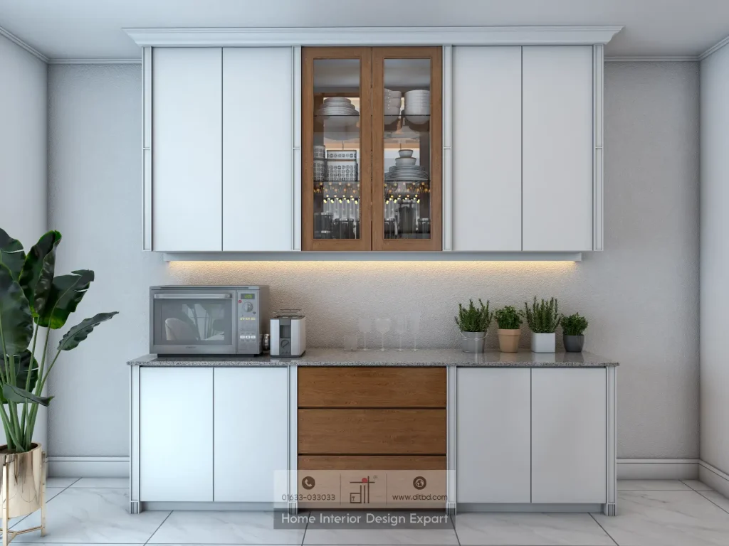Streamlined crockery unit with closed white panels and central wooden glass doors in luxury Gazipur dining room by DIT Studio