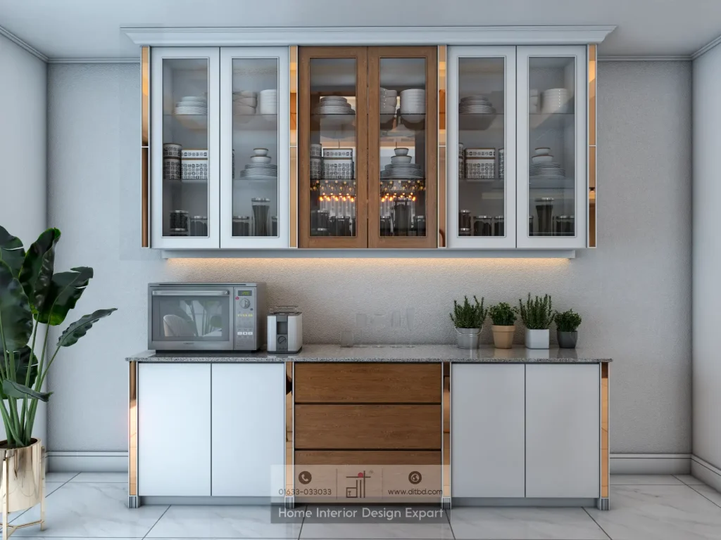 Crockery cabinet closed-door view with gold trim accents and wooden glass center doors in Gazipur by DIT Studio