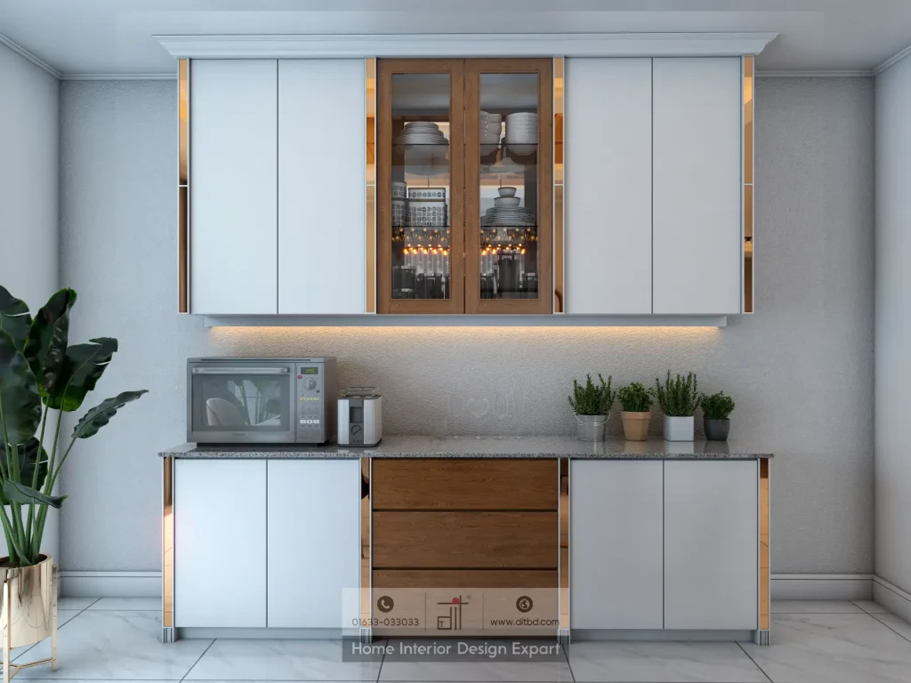 Dining storage cabinet with open glass doors showing dinnerware and gold trim in Maona Gazipur apartment by DIT Studio