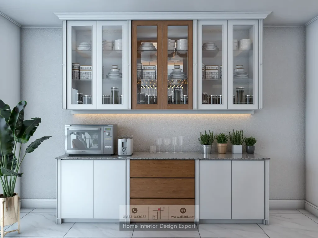 Custom crockery cabinet with glass-fronted display, LED lighting, and granite countertop in Maona Gazipur dining space by DIT Studio
