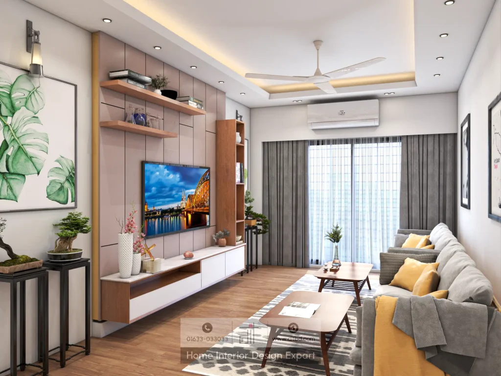 TV entertainment wall with beige grid panels, walnut shelves, botanical art, and grey sofa with mustard pillows designed by DIT Studio
