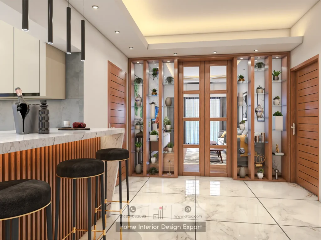 Walnut-and-glass room divider with potted plants separating kitchen breakfast bar from living room in luxury family home by DIT Studio