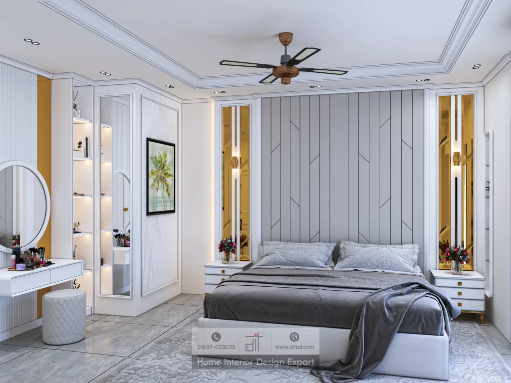 Luxury girls bedroom with geometric grey headboard wall, gold mirror panels, and dressing corner in Keraniganj by DIT Studio