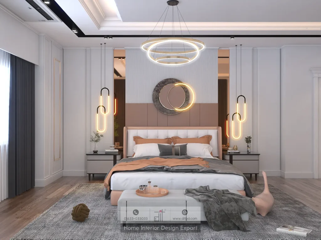 Symmetrical headboard wall with gold chandelier in luxury girls bedroom in Maona Gazipur by DIT Studio