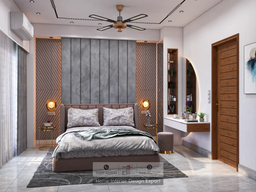Grey channel-tufted headboard with chevron panels and vanity corner in Mirpur bedroom by DIT Studio