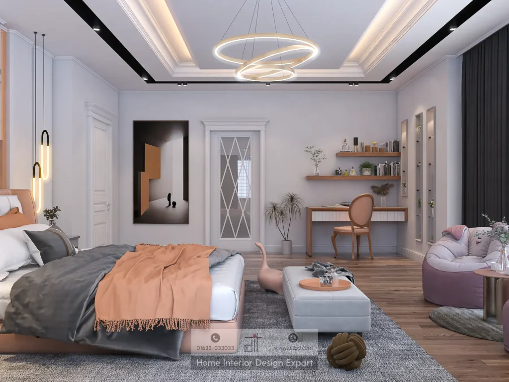 Full bedroom view with study area and coffered ceiling in girls bedroom in Maona Gazipur by DIT Studio