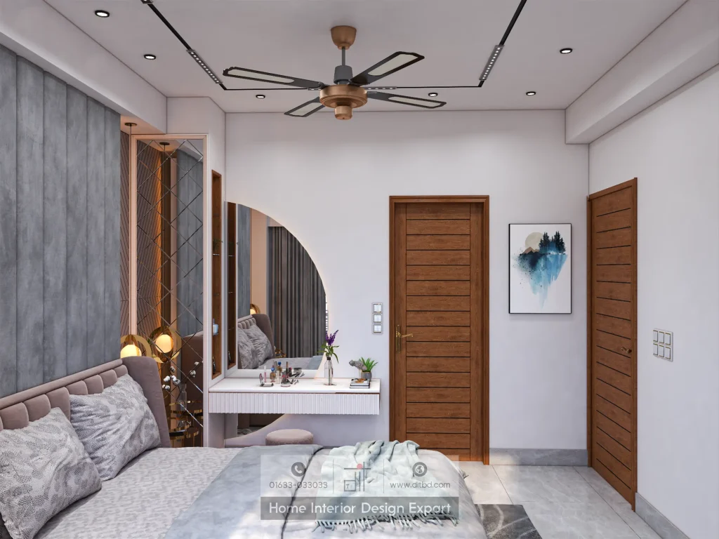 Vanity area with arched LED mirror and walnut doors in luxury Mirpur girls bedroom by DIT Studio