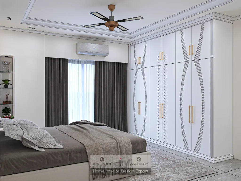 Wave-pattern white wardrobe with gold handles and ceiling fan in girls bedroom Keraniganj by DIT Studio