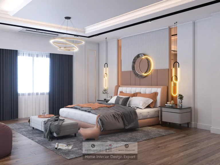Copper headboard with illuminated ring wall art and pendant lamps in girls bedroom by DIT Studio