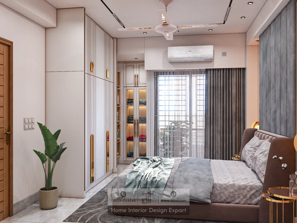 Full wardrobe wall with grey tufted headboard and illuminated shelving in Mirpur bedroom by DIT Studio