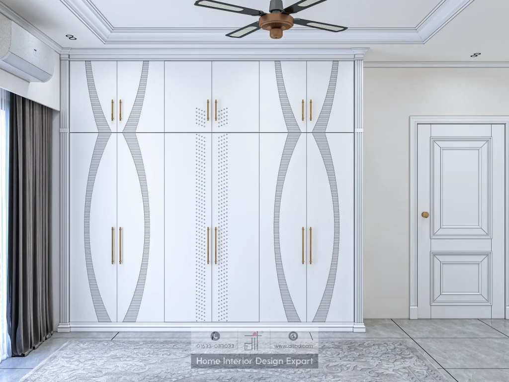 Full frontal view of wave-pattern wardrobe with sinuous silver inlay in luxury girls bedroom Keraniganj by DIT Studio
