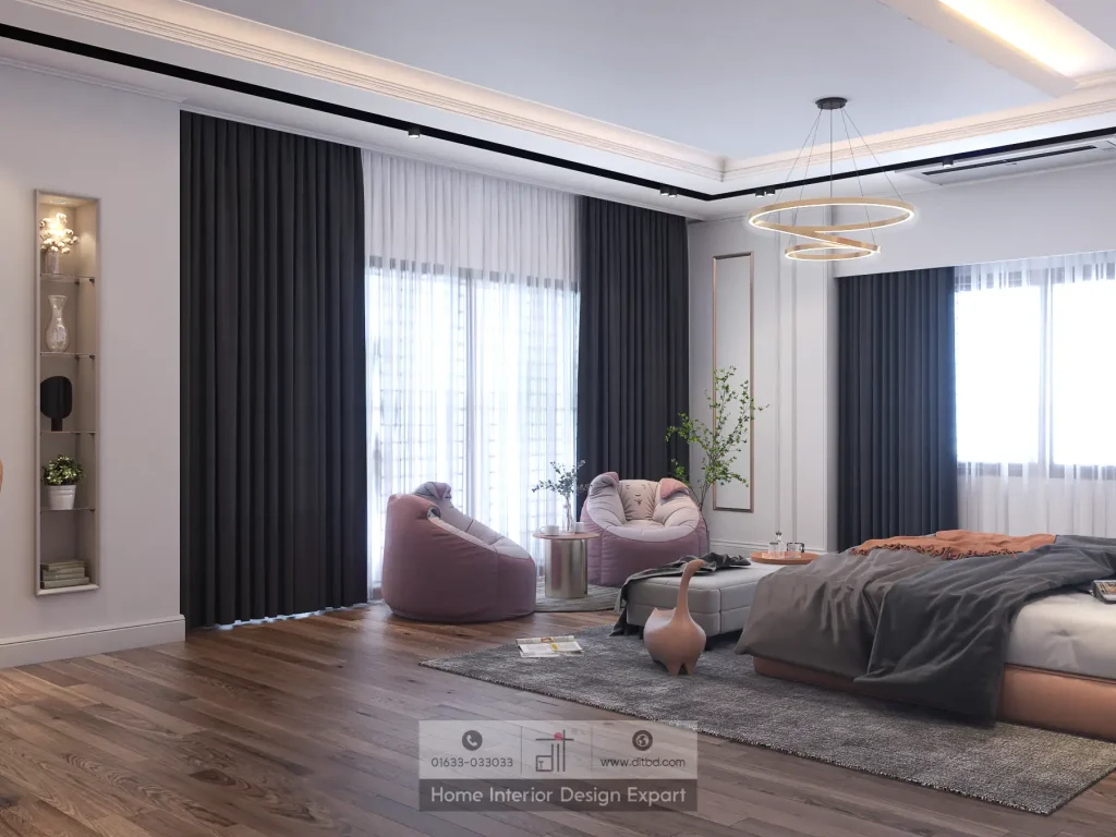Pink bean bag reading nook with dark curtains in luxury girls bedroom in Maona Gazipur by DIT Studio