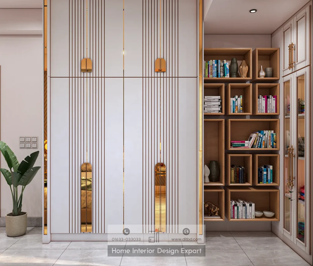 White wardrobe with gold pinstripe lines and walnut bookshelf in Mirpur girls bedroom by DIT Studio