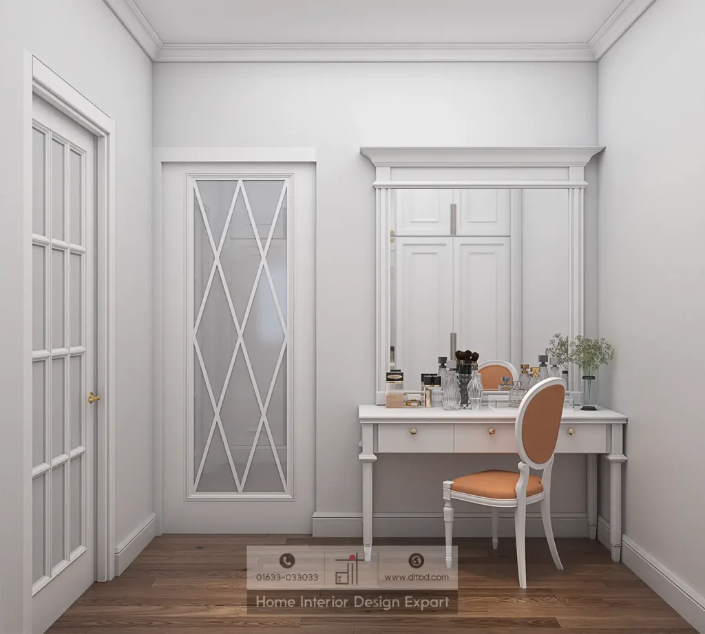 Classic white vanity table with diamond-glass door in girls bedroom in Maona Gazipur by DIT Studio