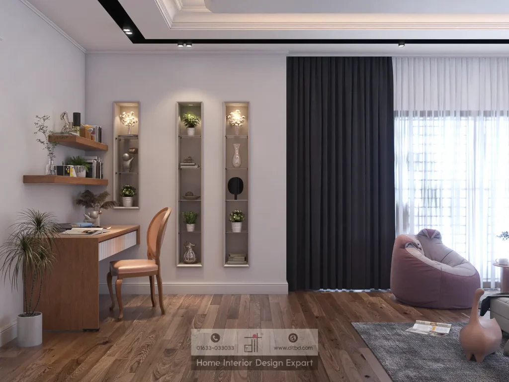 Study desk with display niches and pink bean bag in girls bedroom in Maona Gazipur by DIT Studio