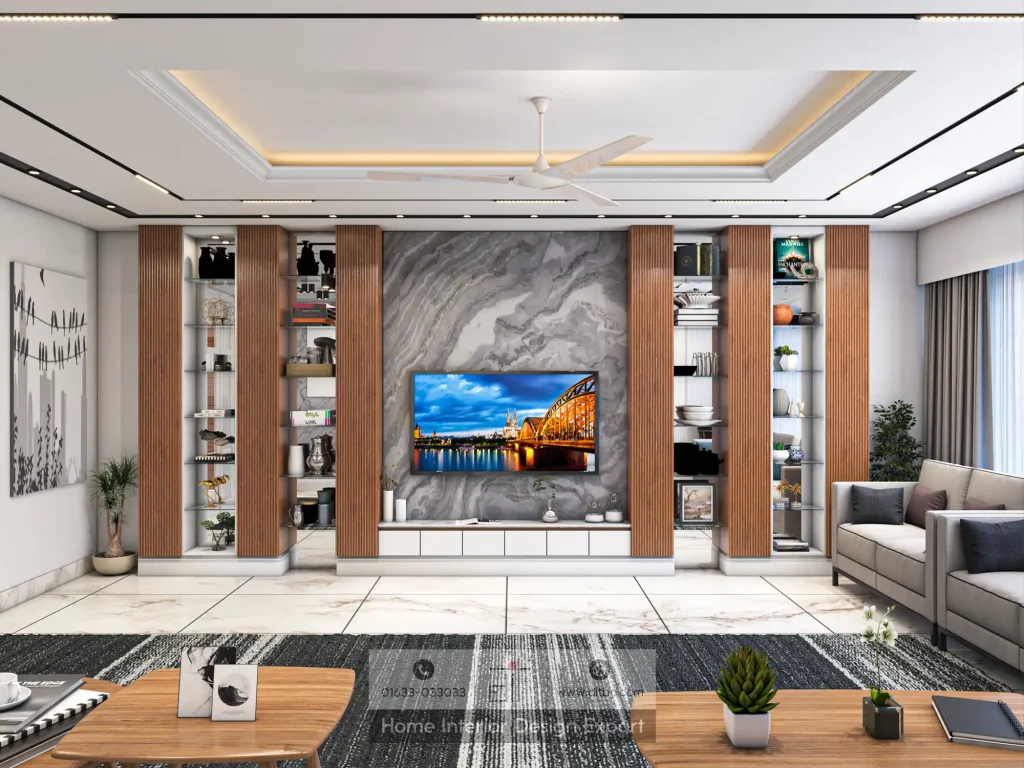 Panoramic view of luxury living room with marble TV wall, walnut shelving, abstract art, and beige sofa in Narayanganj by DIT Studio