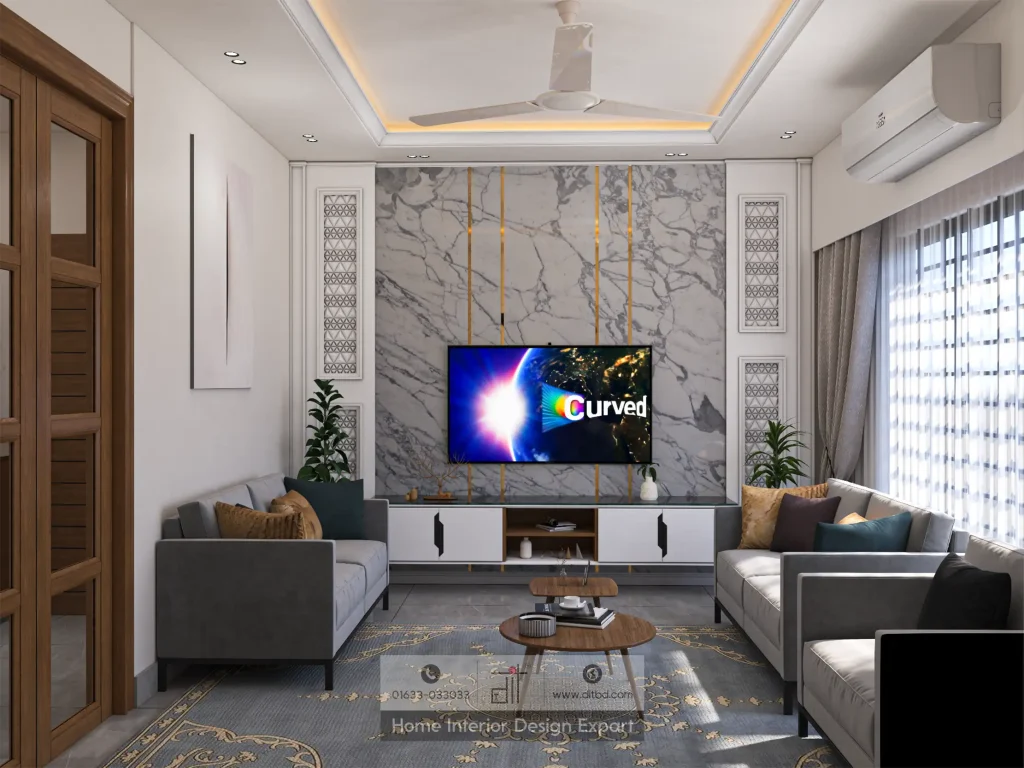 Alternate view of marble TV wall with full seating layout in Wari living room designed by DIT Studio