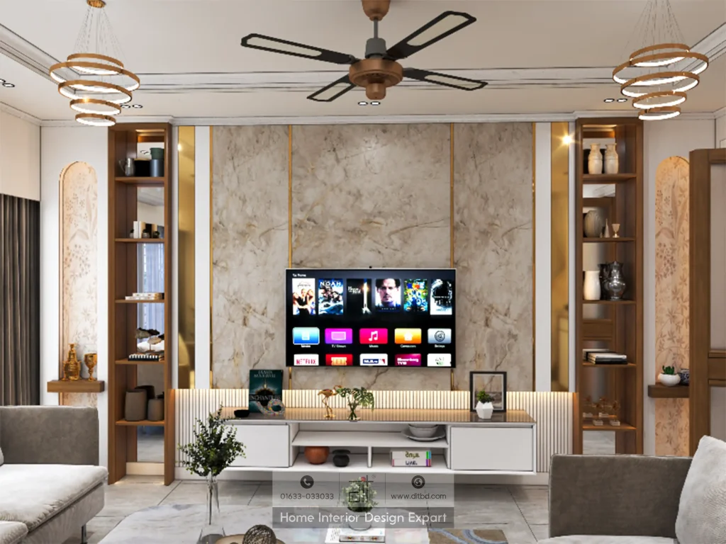 Marble-effect TV wall with gold trim, walnut display shelves, and floral glass panels in Mogbazar living room by DIT Studio
