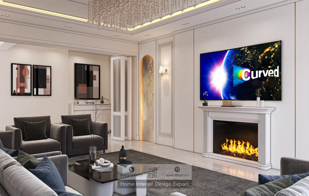 Wide-angle view of luxury living room with armchairs, glass coffee table, fireplace, and gold artwork in Gulshan apartment by DIT Studio