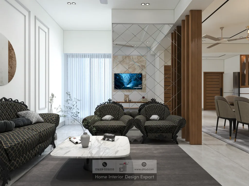 Open-plan luxury living room with marble TV wall and ornate dark sofas in Moghbazar by DIT Studio