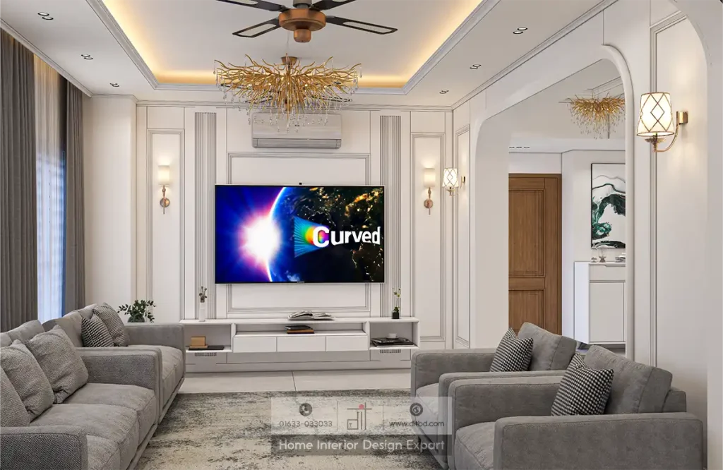 Luxury living room with curved TV, gold branch chandelier and grey sofas in Dhanmondi-6A by DIT Studio