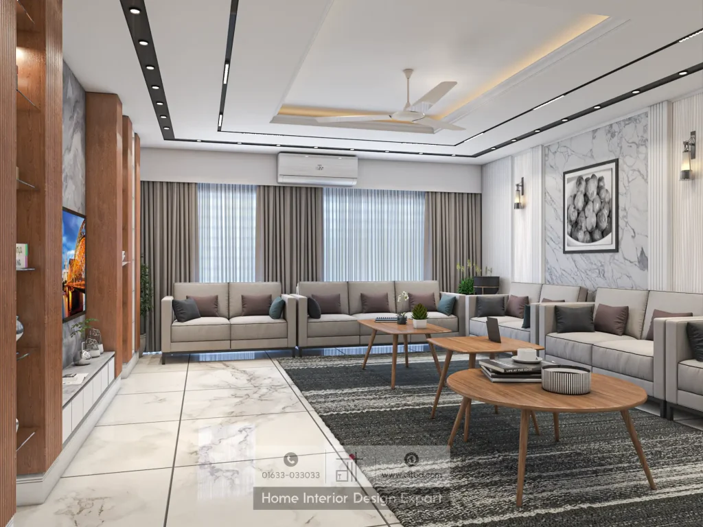 Sofa view with wall-mounted AC, beige curtains, and layered false ceiling with cove lighting in Narayanganj apartment by DIT Studio