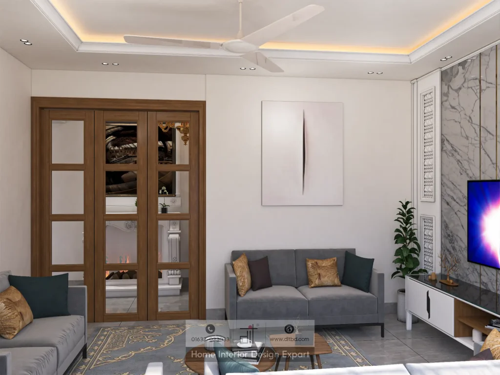 Wooden glass partition door with minimalist art and sofa arrangement in Wari living room by DIT Studio