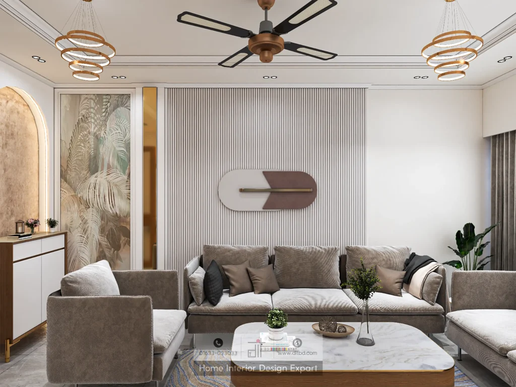 Full sofa arrangement with fluted wall, capsule clock, and botanical mural view in luxury Mogbazar living room by DIT Studio