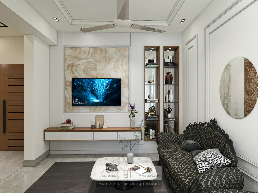TV feature wall with mirrored panel and glass display vitrine in Moghbazar living room designed by DIT Studio