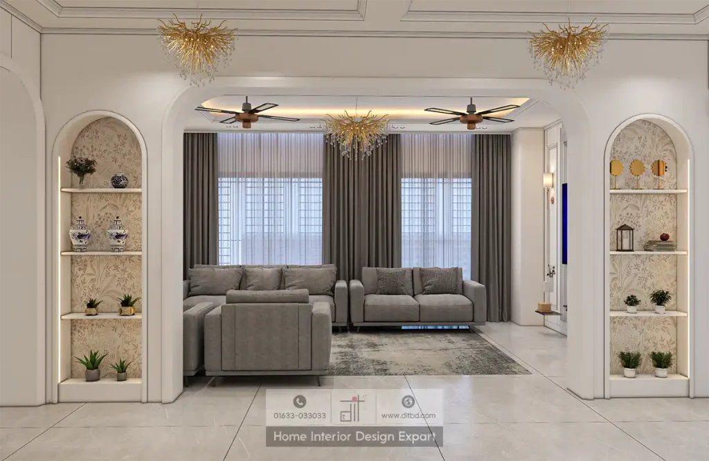 Arched entry with botanical display niches and LED-lit shelves in Dhanmondi-6A living room by DIT Studio