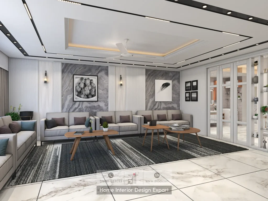 Full seating area with light grey L-shaped sofa, walnut coffee tables, and dark striped rug in luxury Narayanganj living room by DIT Studio