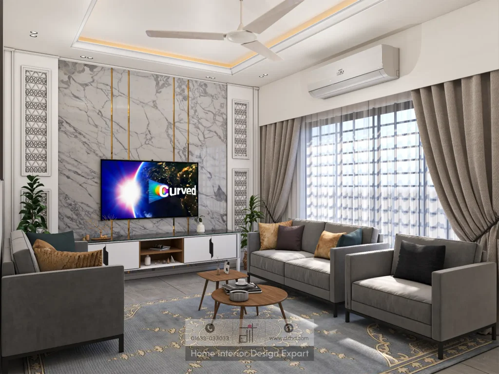 Luxury living room with marble TV wall and grey sofas with gold cushions in Wari apartment by DIT Studio