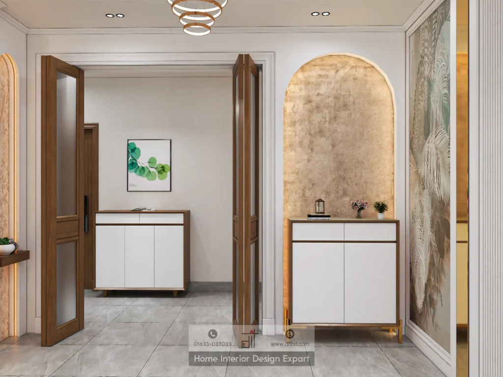 Foyer with arched gold niche, white console cabinets, botanical mural, and walnut double doors in Mogbazar apartment by DIT Studio