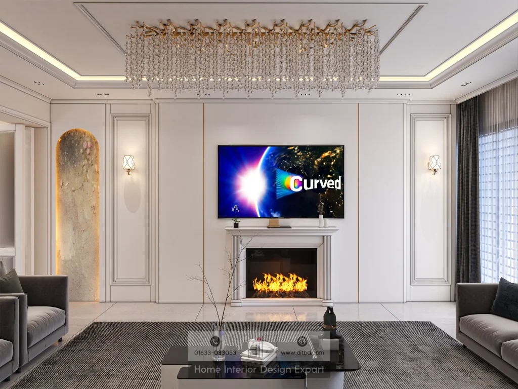 Frontal view of TV above fireplace with dual crystal chandeliers and white panelled walls in luxury Gulshan living room by DIT Studio