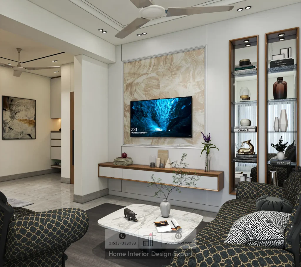 Full TV wall with twin display vitrines and ornate sofa arrangement in DIT Studio Moghbazar project