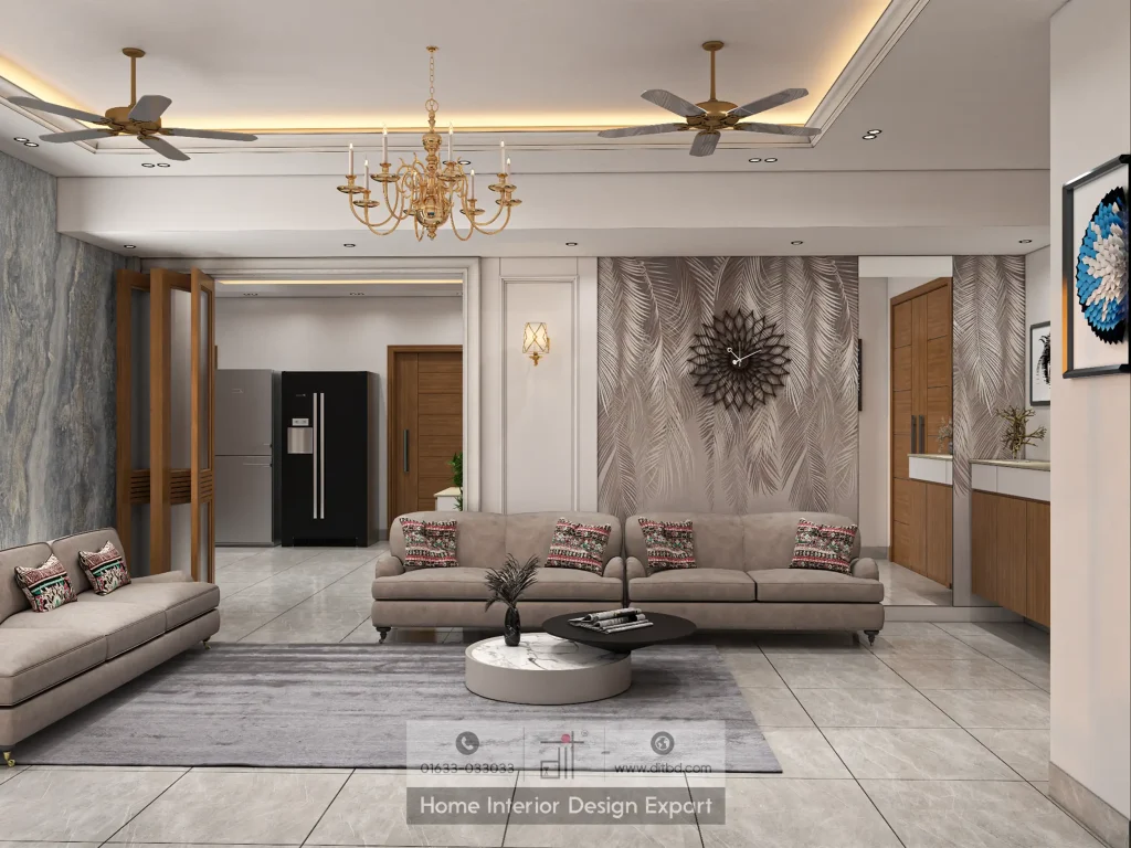 Beige sofa with feathered wallpaper and sunburst clock in Dhanmondi-3 living room by DIT Studio