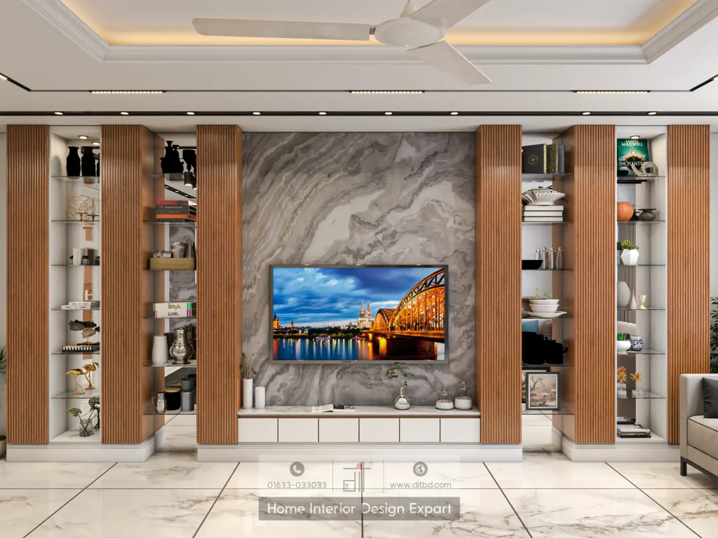 Entertainment unit with grey marble TV backdrop, walnut fluted columns, and glass display shelves in Narayanganj living room by DIT Studio