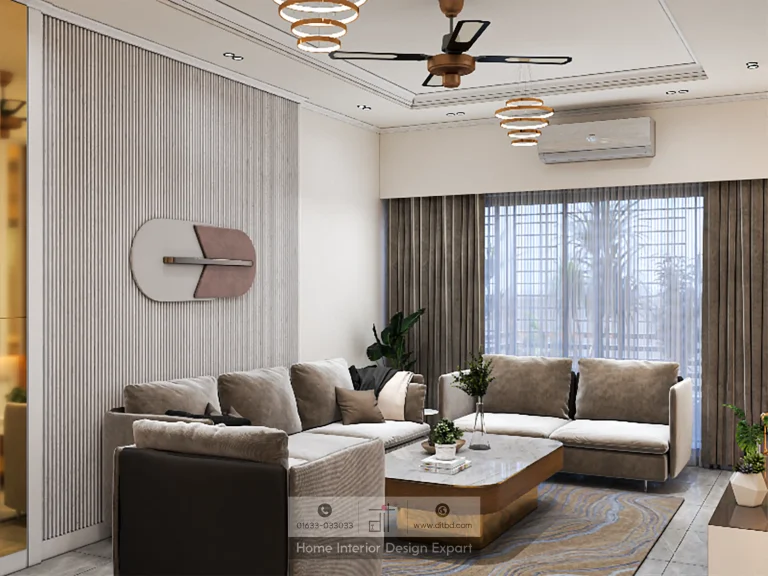 L-shaped beige sofa with grey fluted accent wall, modern wall clock, and abstract area rug in Mogbazar living room by DIT Studio