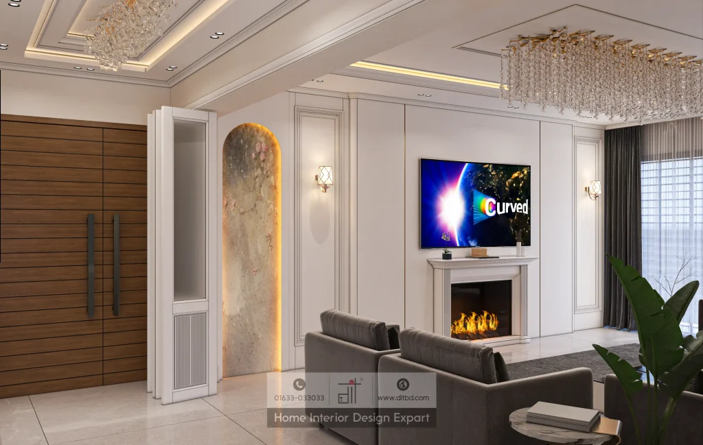 TV wall with white fireplace mantel, arched marble niche, crystal sconces, and cascading chandelier in Gulshan by DIT Studio