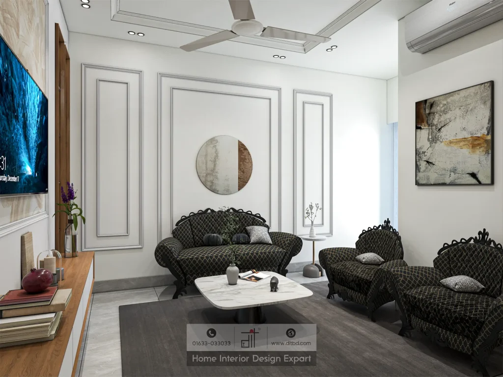 Neoclassical panelled walls with round mirror and dark tufted sofas in Moghbazar living room by DIT Studio